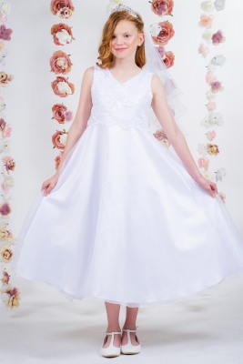 White Sleeveless Lace Appliqué Bodice Full Dress