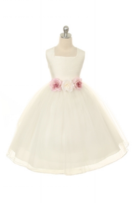 Sleeveless Ivory Satin Tulle Dress with Rose Waist