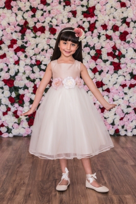 Sleeveless Rose Satin Tulle Dress with Rose Waist