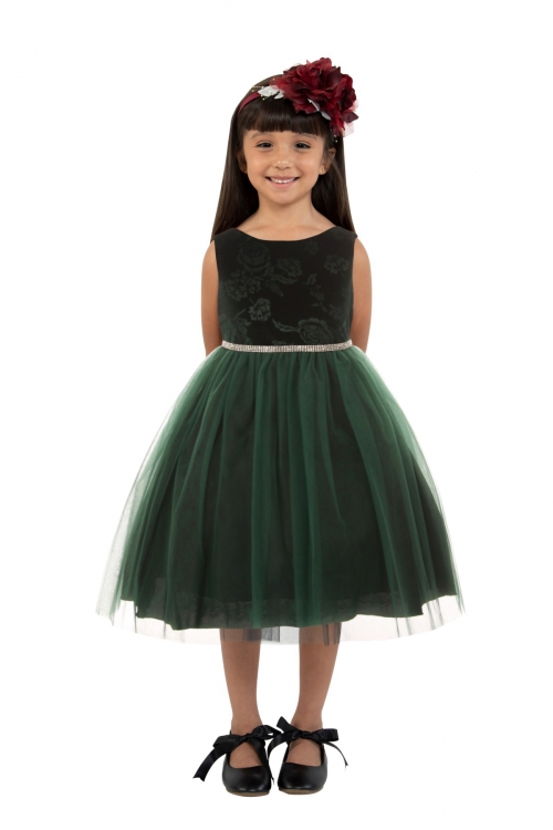 Green Embossed Floral Velvet Tulle Dress