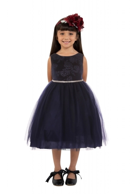 Navy Embossed Floral Velvet Tulle Dress