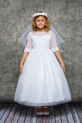 White Embroidered Mesh Half Sleeve Dress