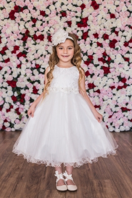 Ivory Lace Glitter Tulle Dress with Floral Trim Waist