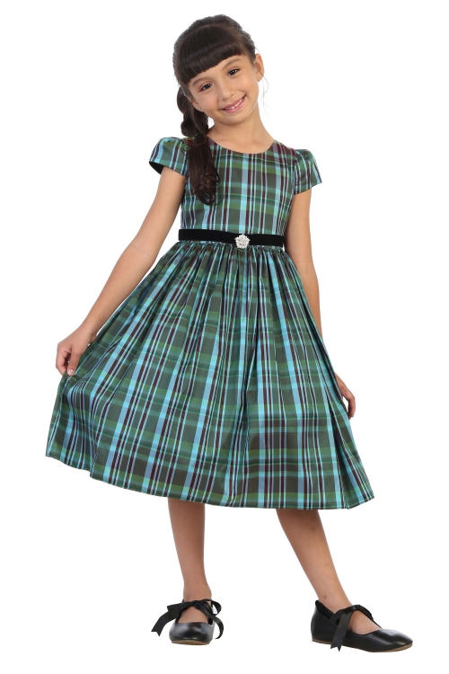 KD 495C TL Teal Short Sleeve Classic Plaid Dress New Items Flower Girl Dresses Flower Girl Dress For Less