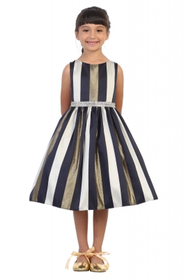 Navy and Gold Metallic Striped Dress