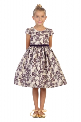 Purple Short Sleeve Brocade Dress
