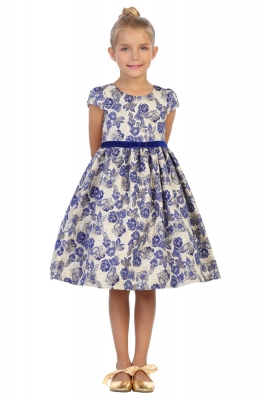 Royal Blue Short Sleeve Brocade Dress