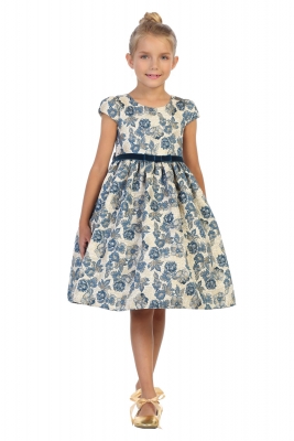 Teal Short Sleeve Brocade Dress