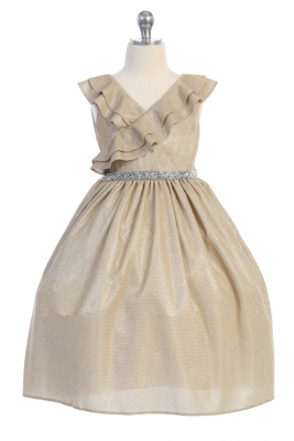 Gold Sparkly Ruffle Dress with Rhinestone Trim Waist