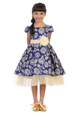 Royal Blue Floral Design Brocade Dress