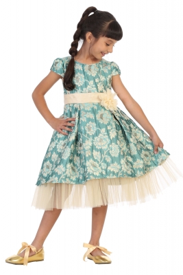 Teal Floral Design Brocade Dress