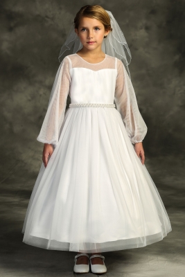 White Long Mesh Sleeve Pearl Dress