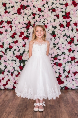Lace Appliqué Illusion Bateau Dress in Choice of White or Ivory