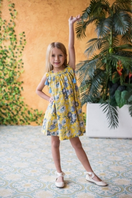 Yellow Cotton Floral Print Shift Dress with Tassels