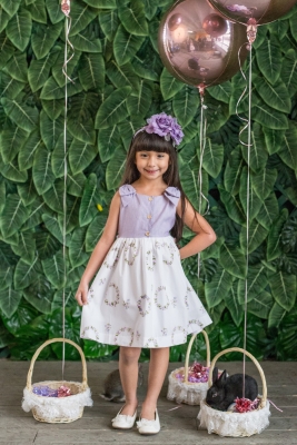 Lavender Striped and Floral Print Cotton Dress