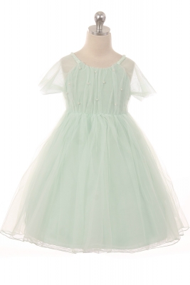 Mint Mesh Sleeve Dress with Pearl Details