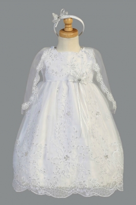 Girls Baptism-Christening Gown Style 2047 - WHITE Embroidered Organza and Sequin Gown