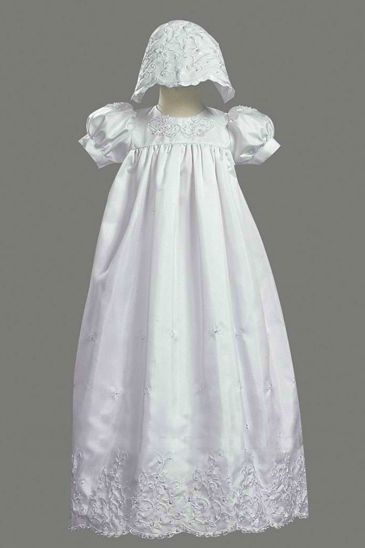 Girls Baptism-Christening Gown Style 2270- Short Sleeved Shantung Long Gown