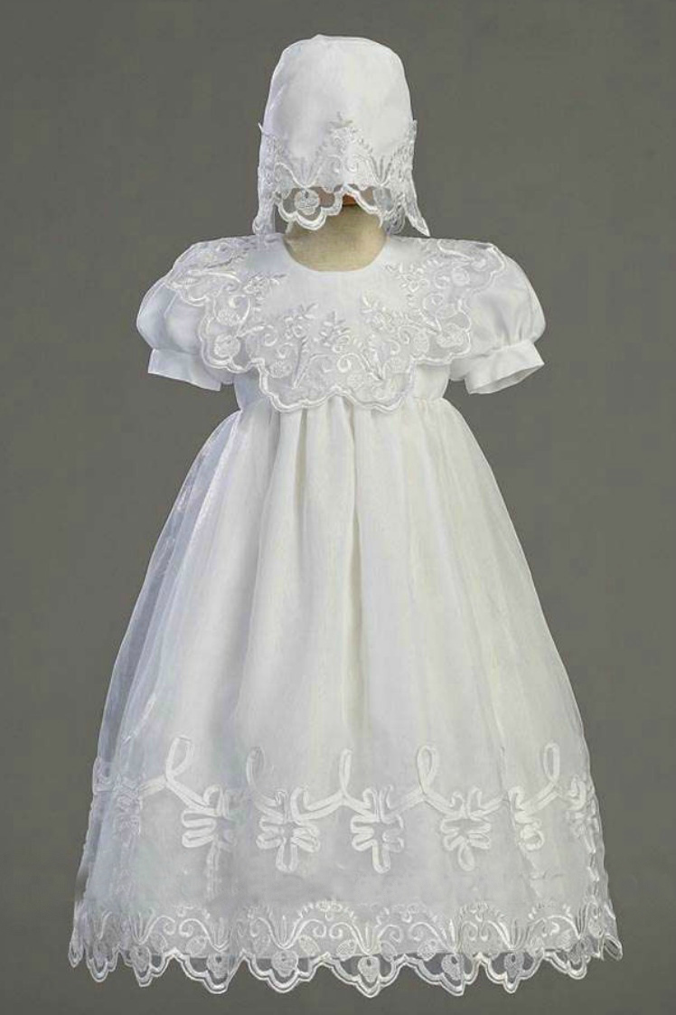 Girls Baptism-Christening Gown Style 2560- Short Sleeved Embroidered Gown
