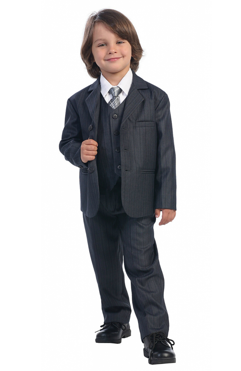 Boys 5 Piece Dark Gray Pinstripe Suit Set Style 3760