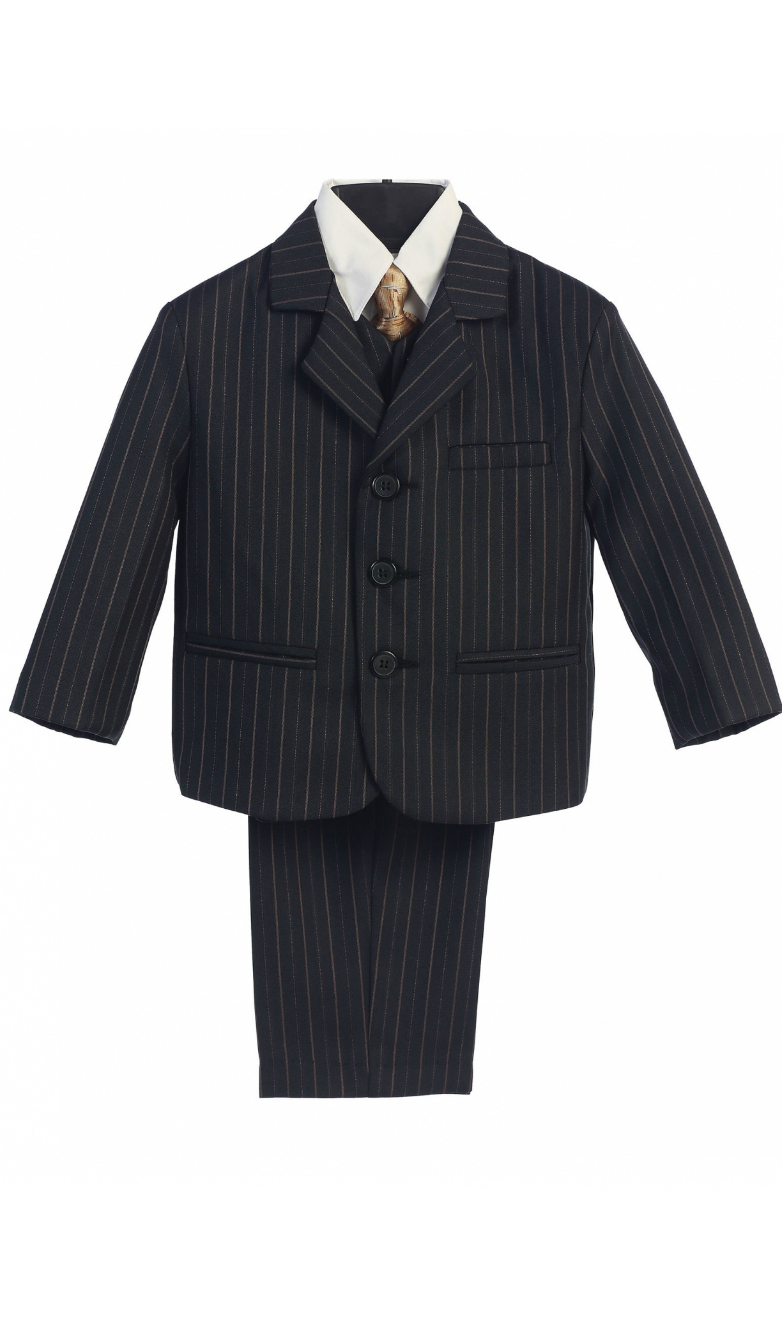 Boys 5 Piece Black with Gold Pinstripe Suit Set Style 3740
