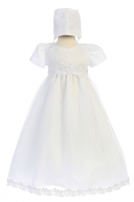 Girls Baptism and Christening Style AUDREY - WHITE Organza Gown with Corded Trims and Sequins