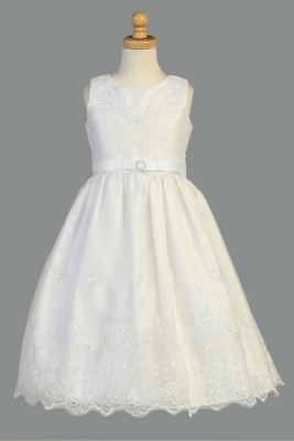 Girls Dress Style SP150  - WHITE Embroidered Floral Organza Dress