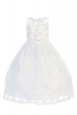 First Holy Communion-Flower Girl Style SP982 - WHITE Organza Dress with Beaded Appliques and Rhinest