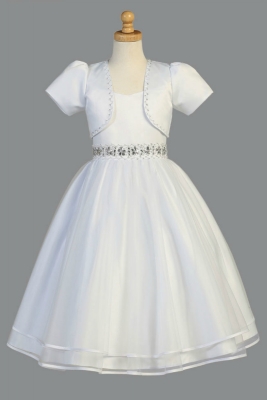 Girls Dress Style SP998  - WHITE Beaded Satin and Organza Dress with Bolero