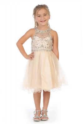 Girls Dress Style 1050 -  Short Beaded Dress in Champagne