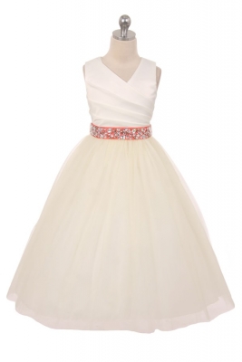 Flower Girl Dress Style 276RH - White or Ivory Dress with CORAL Rhinestone Belt