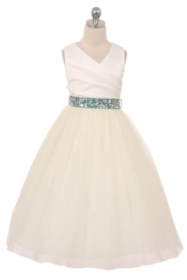 Flower Girl Dress Style 276RH - White or Ivory Dress with JADE Rhinestone Belt