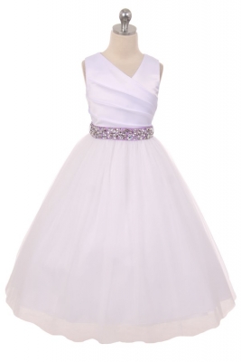 Flower Girl Dress Style 276RH - White or Ivory Dress with LILAC Rhinestone Belt