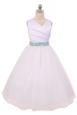 Flower Girl Dress Style 276RH - White or Ivory Dress with MINT Rhinestone Belt