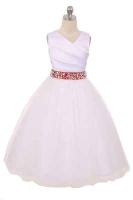 Flower Girl Dress Style 276RH - White or Ivory Dress with RED Rhinestone Belt