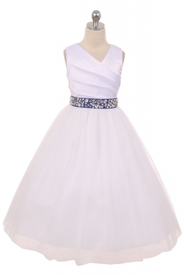 Flower Girl Dress Style 276RH - White or Ivory Dress with ROYAL Rhinestone Belt