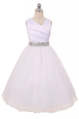 Flower Girl Dress Style 276RH - White or Ivory Dress with SILVER Rhinestone Belt
