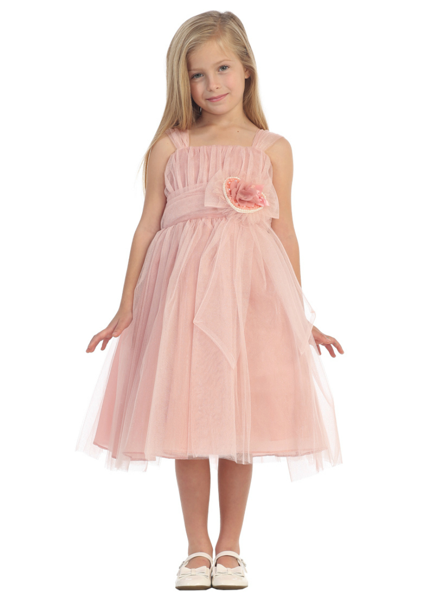 Girls Dress Style 293 - Tulle Cap Sleeve Dress with Floral Accent in Choice of Color