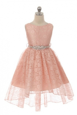 Girls Dress Style 360CB - BLUSH PINK High-Low Lace Dress with Matching Rhinestone Sash
