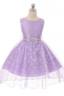 Girls Dress Style 360CB - LILAC High-Low Lace Dress with Matching Rhinestone Sash