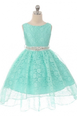Girls Dress Style 360CB - MINT High-Low Lace Dress with Matching Rhinestone Sash