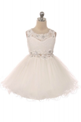 Girls Dress Style JK52 - OFF WHITE Floral Lace and Tulle with Sequins Short Dress