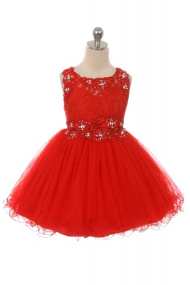 Girls Dress Style JK52 - RED Floral Lace and Tulle with Sequins Short Dress