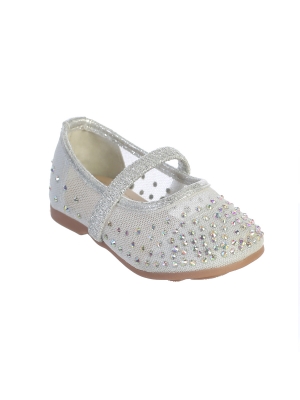 Silver Infant Mesh Flats with Rhinestone Details and Elastic Strap - S135