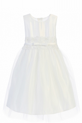 Girls Dress Style 473 - White Satin with Metallic Lace Dress