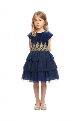Navy Velvet Tiered Dress with Gold Lace Details