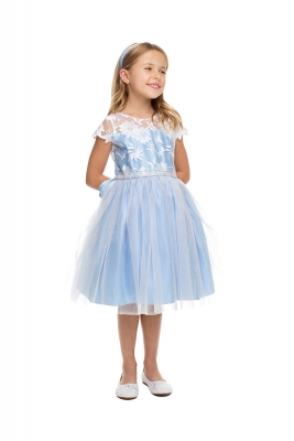 SALE Blue Short Sleeve Floral Embroidered Lace Dress with Crystal Tulle Skirt