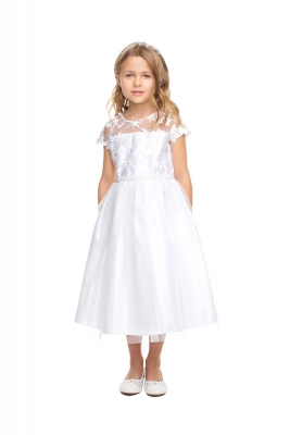 White Floral Embroidered Lace Dress with Crystal Tulle