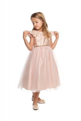 Blush Floral Jacquard Flutter Sleeve Dress with Crystal Tulle