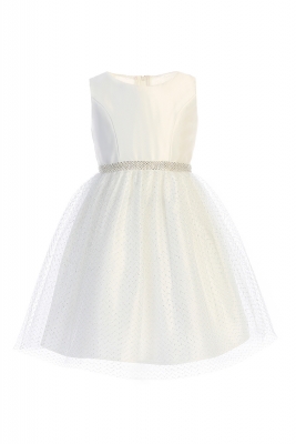 Off White Satin and Silver Metallic Tulle Dress